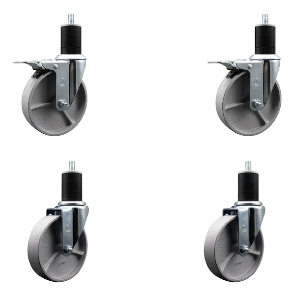 5'' Semi Steel Swivel 1-3/4'' Expanding Stem Caster Set 2 Total Lock Brakes, 4PK